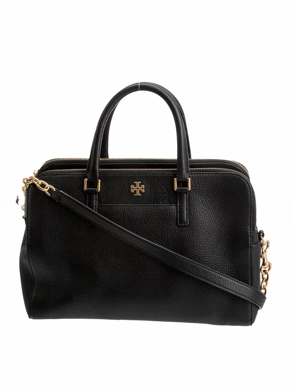 TORY BURCH Georgia Double Zip Pebbled Leather Satchel Black Gold 8